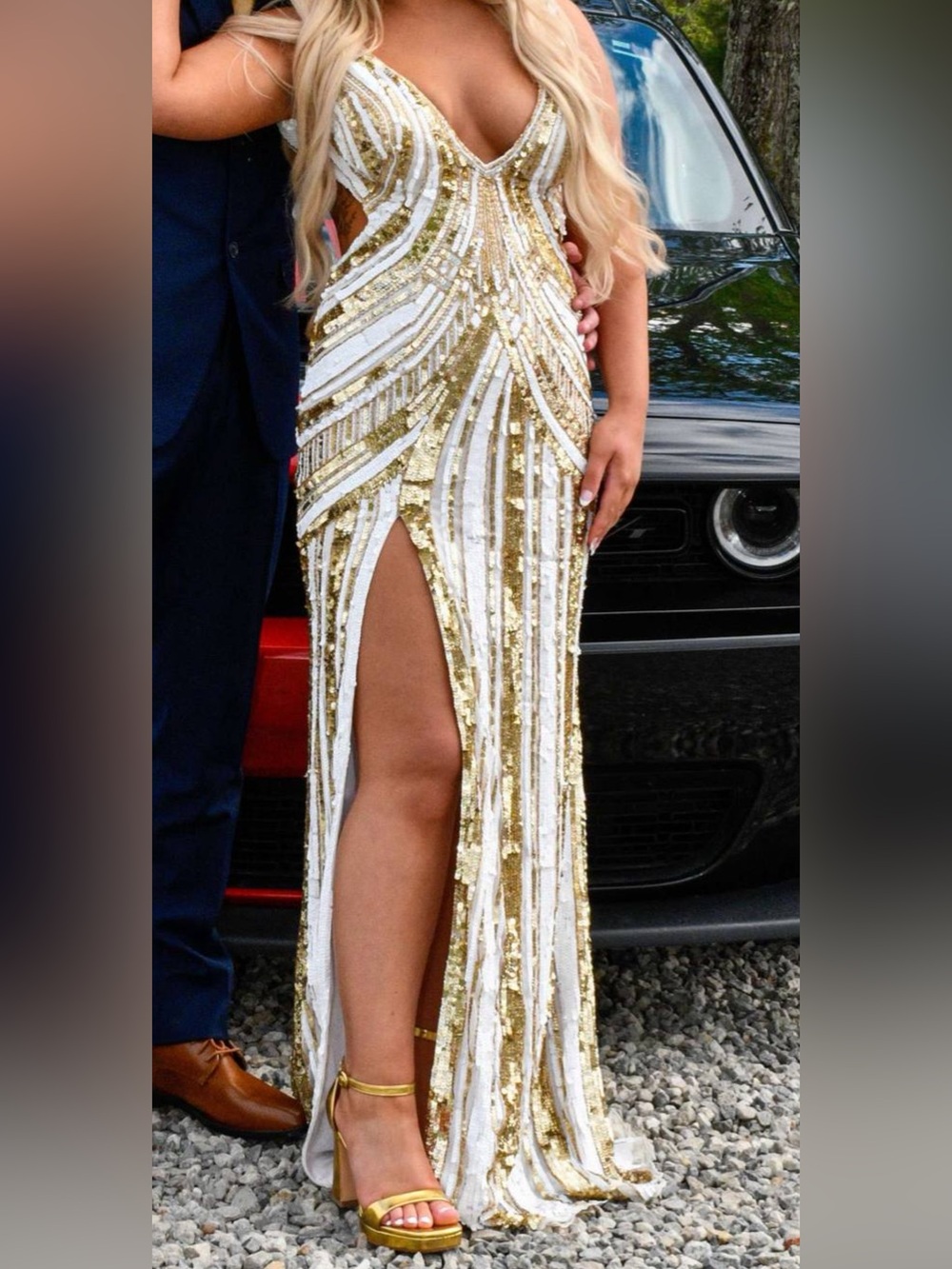 Sherri Hill Gold and White Sequin Prom Gown with Front Slit - Picture 1 of 2